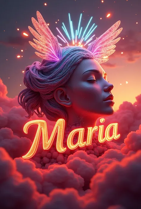 Stylish realistic 3d name "Maria"en nuages rouge dans la tête de leau fondante multicolores réaliste 3d de feu dartifice multicolores avec des ailes de canard sur le logo tiktok 