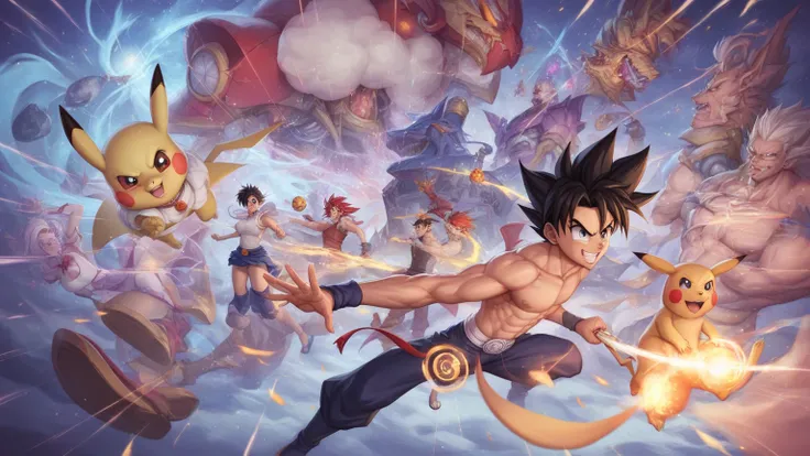 This image is a visually rich and dynamic collage that seamlessly integrates a massive array of iconic anime characters, showcasing the diversity and appeal of the medium. The central placement of Monkey D. Luffy establishes him as a unifying figure, with ...