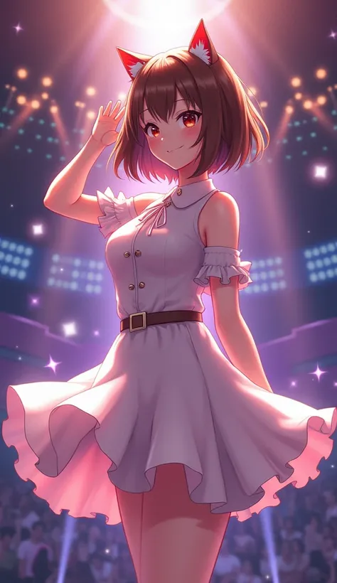  girls laid-back, Cat ears, glitter effect,Ultra Wide Angle, Anime Style, ,(Idol),(singer),( brown short hair) cowboy shot,  Big Breasts , ( one girl ),(Live Performance Venues),(paw pose),full body,total body,(),( dress),(smile)