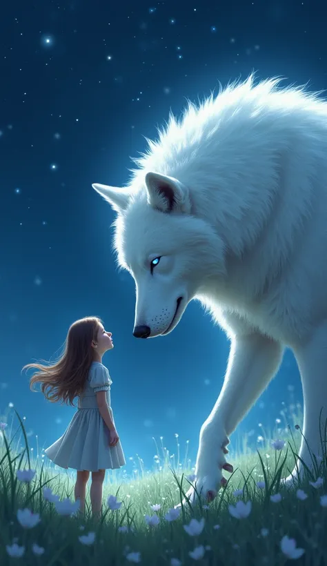 "A magical nighttime scene featuring a young girl with long brown hair standing in a grassy field under a starry sky. She is wearing a light gray dress and looking up at a majestic, enormous white wolf with glowing blue eyes. The wolf, towering over her, l...