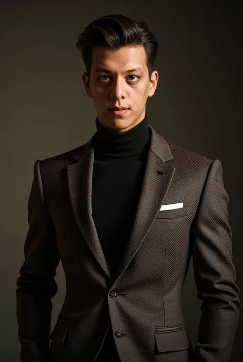 A handsome, manly young man in a well-tailored patterned sports coat suit, realistic, photorealistic, 8k, detailed facial features, beautiful eyes, sharp jawline, stylish haircut, confident expression, perfectly fitted suit, elegant pose, intricate fabric ...