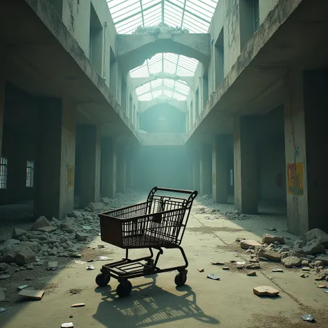  Shopping center parking that has decayed and become ruins .
Sky light shines into the interior .
 The remains of a rusted shopping cart are rolling on the floor.