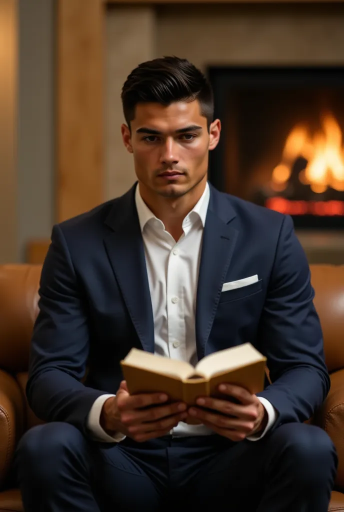 ronaldo in a suit, small head, extremely detailed skin, reading seated on sofa, in front of fireplace, blurred background.