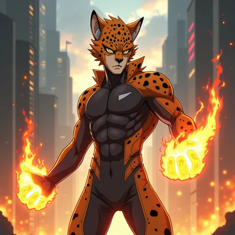 Create a male anime character with a cheetah mask with firepower