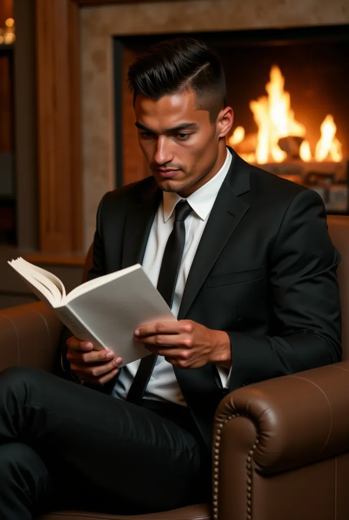 ronaldo in a suit, small head, extremely detailed skin, reading seated on sofa, in front of fireplace, blurred background.