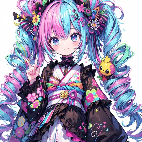 to you,] neon color、 best quality、 greatest masterpiece、 super detailed、 dynamic best composition 、Simple Background、Seven hair colors、Goth Kimono、whole body、cute、Frills、