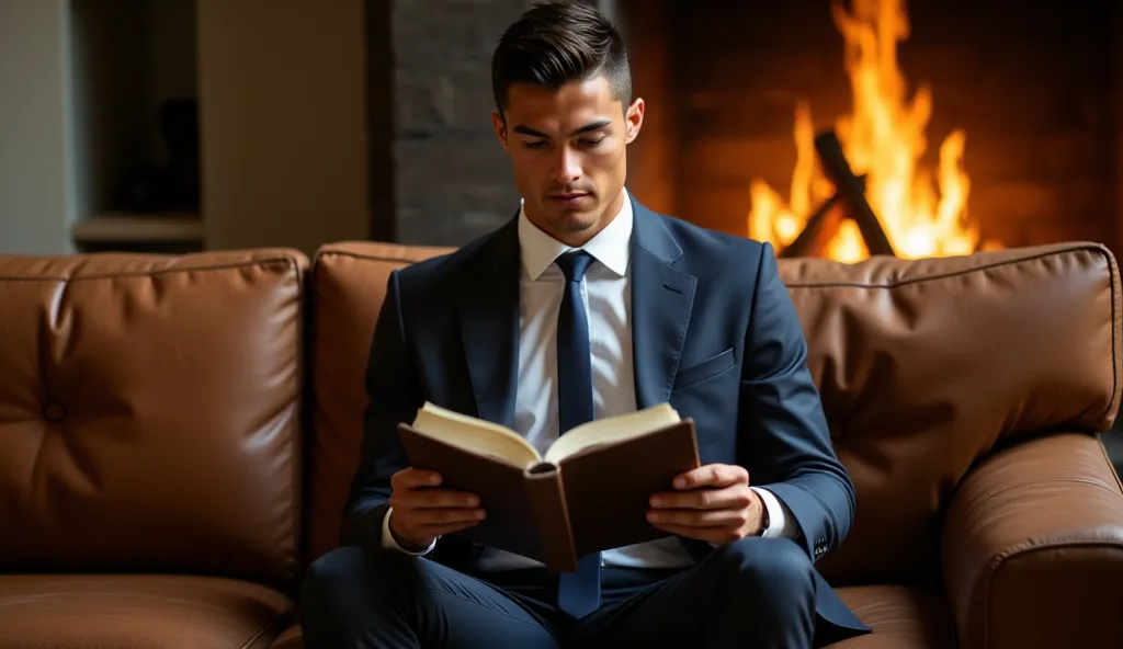 ronaldo in a suit, small head, extremely detailed skin, reading seated on sofa, in front of fireplace, blurred background.