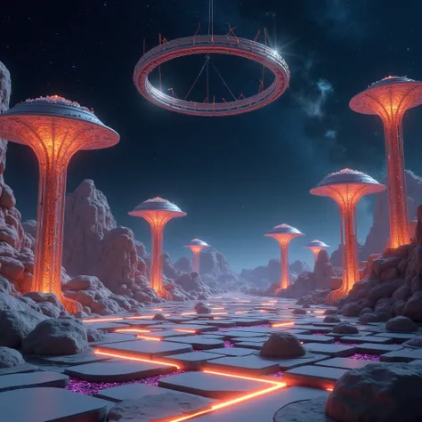 An alien landscape of interconnected, hexagonal platforms made of smooth, shiny glossy grey stone, appearing as if carved from a single colossal structure. The platforms hover slightly above one another, connected by thin, glowing orange tendrils that puls...