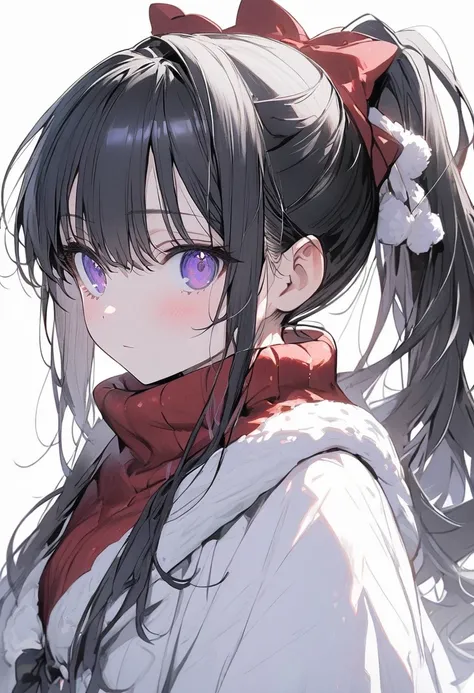 Alone, 1 girl, black hair,purple Eyes,ponytail Hair, Long Sleeve, Santas clothes
