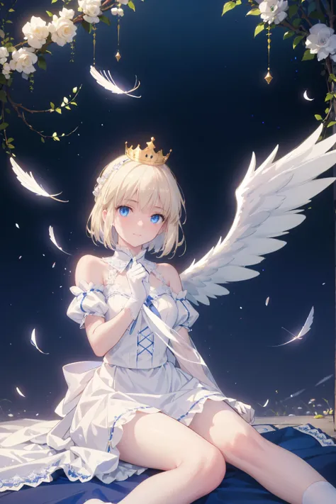  A charming blond angel ， Her long hair is adorned with delicate hair accessories ， with bright blue eyes Looking directly at the audience with a bright smile。 She wears a blue and white off-the-shoulder pleated skirt，Match it with white lace socks，Blue he...