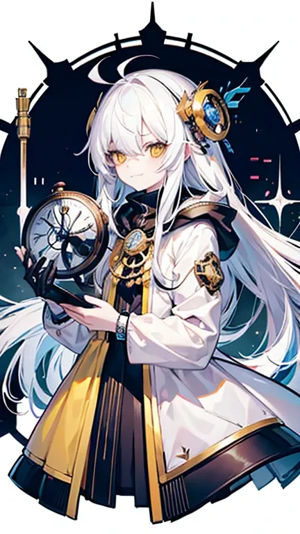 biologically correct, many gear are there, machine girel, white hair, ahoge, long hair, shiny hair, hair over one eye, hood up, mole under eye, raised eyebrows, mismatched pupils, yellow eyes, longeyelashes, sad, forced smile, anime,  UHD, retina, masterpi...