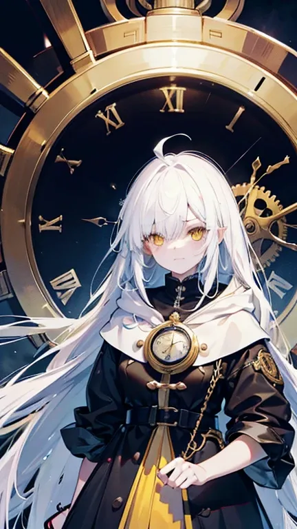 biologically correct, many gear are there, machine girel, white hair, ahoge, long hair, shiny hair, hair over one eye, hood up, mole under eye, raised eyebrows, mismatched pupils, yellow eyes, longeyelashes, sad, forced smile, anime,  UHD, retina, masterpi...