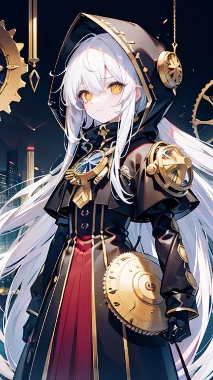 biologically correct, many gear are there, machine girel, white hair, ahoge, long hair, shiny hair, hair over one eye, hood up, mole under eye, raised eyebrows, mismatched pupils, yellow eyes, longeyelashes, sad, forced smile, anime,  UHD, retina, masterpi...