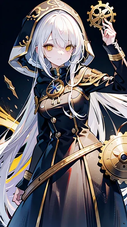 biologically correct, many gear are there, machine girel, white hair, ahoge, long hair, shiny hair, hair over one eye, hood up, mole under eye, raised eyebrows, mismatched pupils, yellow eyes, longeyelashes, sad, forced smile, anime,  UHD, retina, masterpi...