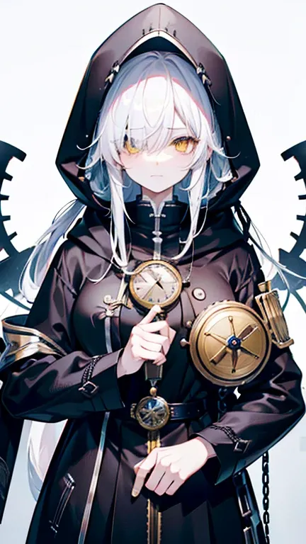 biologically correct, many gear are there, machine girel, white hair, ahoge, long hair, shiny hair, hair over one eye, hood up, mole under eye, raised eyebrows, mismatched pupils, yellow eyes, longeyelashes, sad, forced smile, anime,  UHD, retina, masterpi...