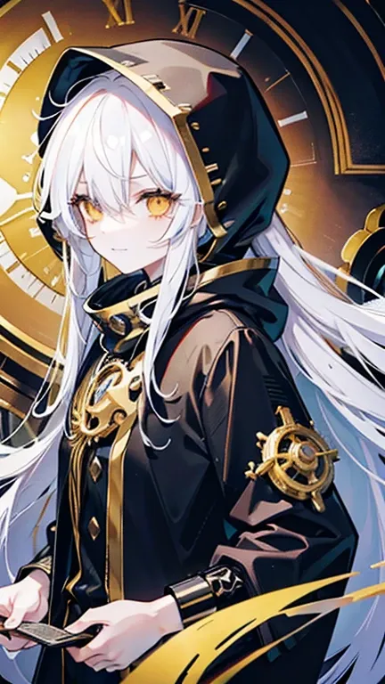 biologically correct, many gear are there, machine girel, white hair, ahoge, long hair, shiny hair, hair over one eye, hood up, mole under eye, raised eyebrows, mismatched pupils, yellow eyes, longeyelashes, sad, forced smile, anime,  UHD, retina, masterpi...