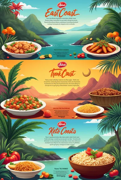  posters about the Adabi brand featuring food from the East Coast, specifically Kelantan, Terengganu, and Pahang, showcasing 3 different dishes from 3 cities. 3 diff posters