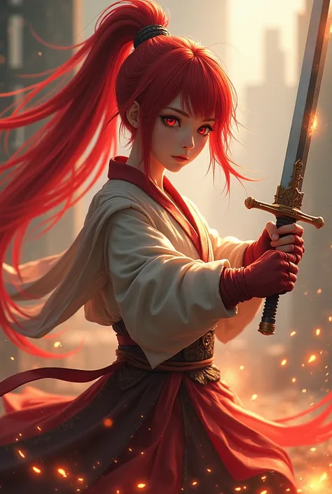  25 Years Old Faced Red Antique Ponytail Red Eyes Girl，Swing the sword、Scene Spark Splash 