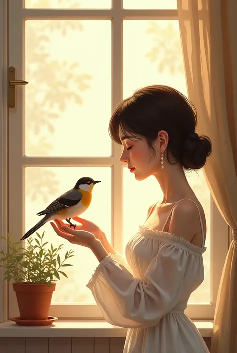 masterpiece,Best Quality,masterpiece,Best Quality,official art,Extremely detailed CG unity 8k wallpaper,Light retro color,rice print style,illustration,Beautiful,1 girl,flores,windowsill,flowerpot,Drink coffee,. She takes a bird in Opened Window. The sunsh...