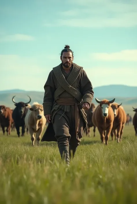 A young Temüjin herding livestock across the Mongolian steppe, wearing tattered clothes, with a vast horizon of green plains under a clear blue sky hipperrealistic,8 k, cinematic 