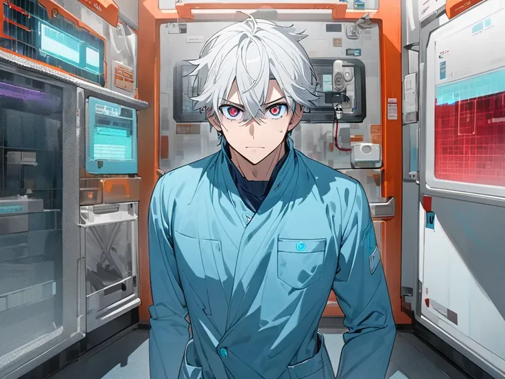 full body , male , adult , white hair , blue doctor scrub , red sparkle eye , orange stethoscope , operation room background