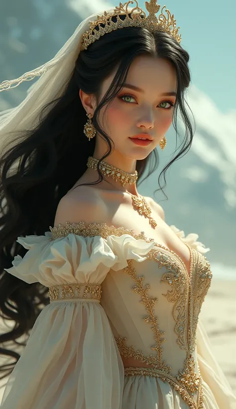 Whole body, green eyes, waist-length black hair, detailed face, detailed skin, delicate headdress, open space, masterpiece, Best Quality, fancy, parametric, vibrant colors, photorealistic, cinematographic, (gigantic chest:1.2), Wide hips. Russia queen, swe...