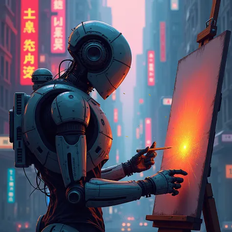 Man controlling a painting robot, cinematic, vivid colors illustration , 