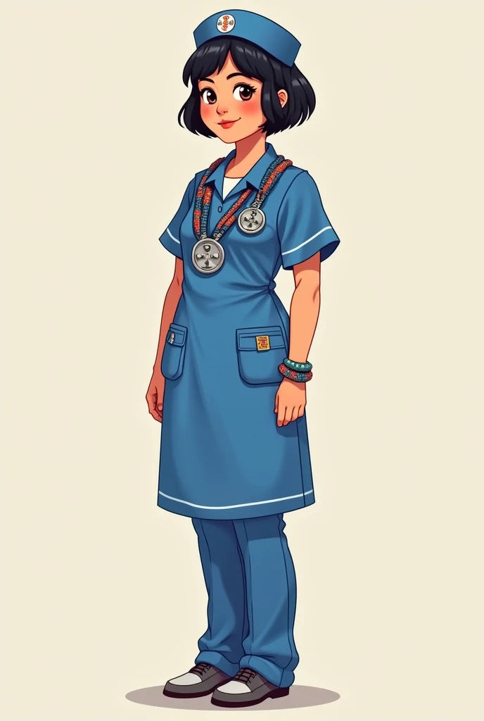 short haired female nurse in uniform blue suit wearing Mapuche clothing with silver lapelacucha cartoon style