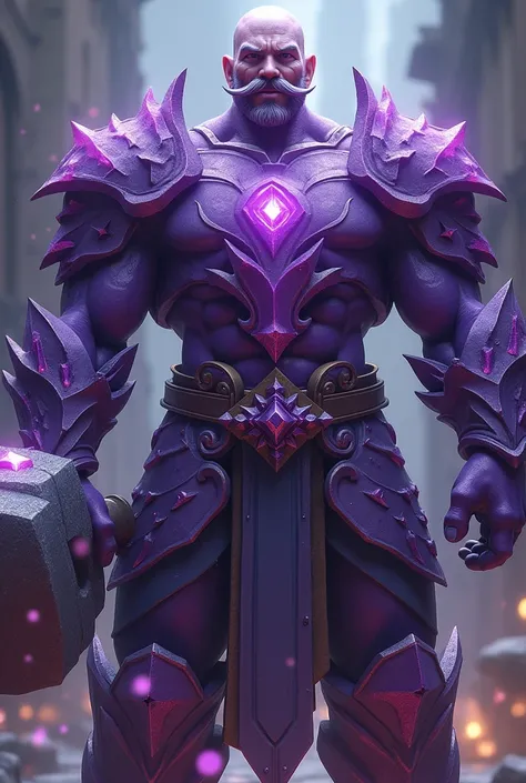 Knight crystal skin purple color colossus strong tall smiling bald with a mustache no beard, et un grand marteau 