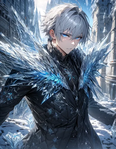 absurdres, highres, ultra detailed, HDR), masterpiece,  silver short hair, expressive blue eyes, 1man, handsome black clothes, winter, ice butterflies, ice flowers