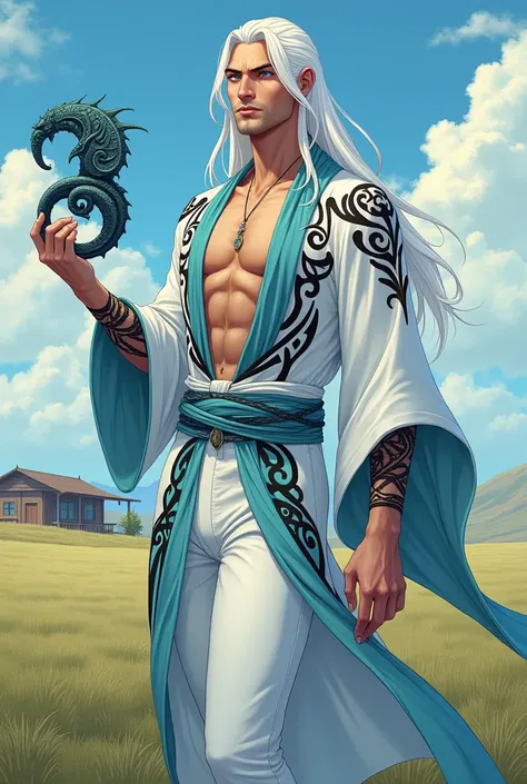 Handsome man. long smooth white hair . sea blue eyes and black color pupil . smooth white clothes light blue and black stripes in the shape of a dragon. smooth white pants line light blue and black dragon-shaped stripes . in his left hand there is an ancie...