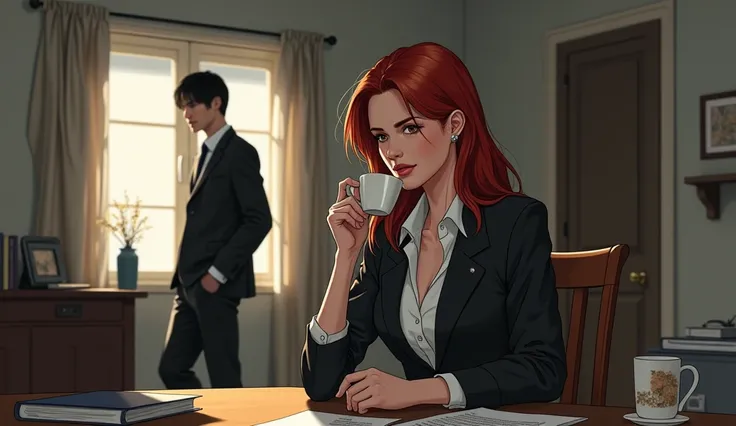 Imagine a beautiful red-haired woman in desk clothes sitting in a sad room drinking coffee , a handsome man with straight black hair well dressed in the background opening the door arriving at a modest home on a sunny day. Drawing Format