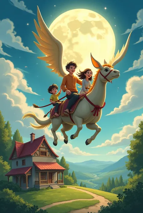  Make me the first family upload a delman and the second family climb onto onta joyfully flying away towards the moon facing back, Below them is a house² 