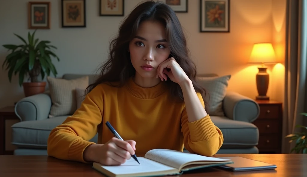 realistic image of a woman, sitting in a chair at the living room table, notebook and pen, thinking about what to do tomorrow