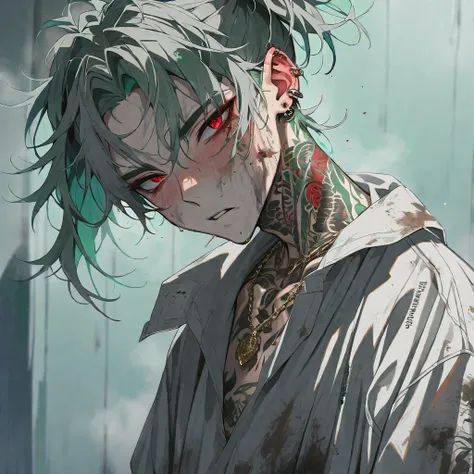 (Alone), (1 male), (Green inner hair color on gray hair),  ( ponytails bleeding from the vagina),(Good person),(red eyes), ( black shirt ),(dirty gaze ),(  perfect eye details ),(Ear Piercing),(tattoo on neck), ( gold necklace ),( oversized shirt ),( raise...