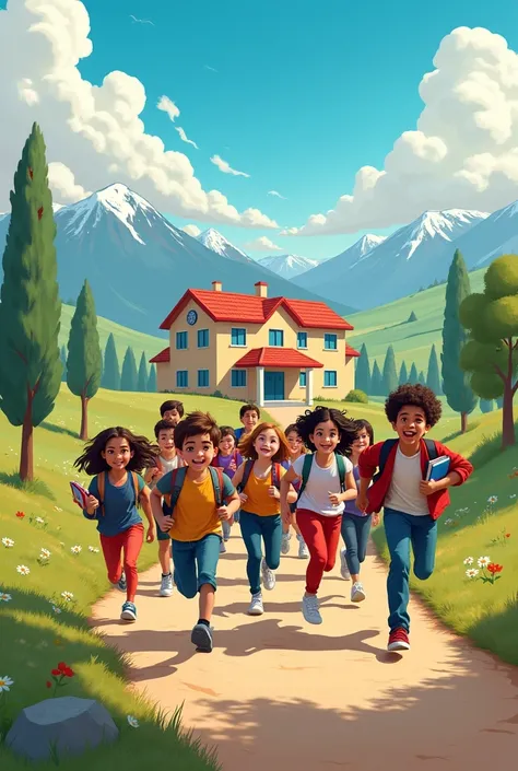 Students going to school   running  in joy to learn something new  with the symbol of learning such as book pen copy with the cultural background with mountain 