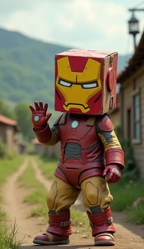 (photorealism:1.2), villager wearing a box-shaped cardboard mask painted with crayons to resemble Iron Man, dressed in a simple homemade costume. Standing in a rural area, striking a playful pose.