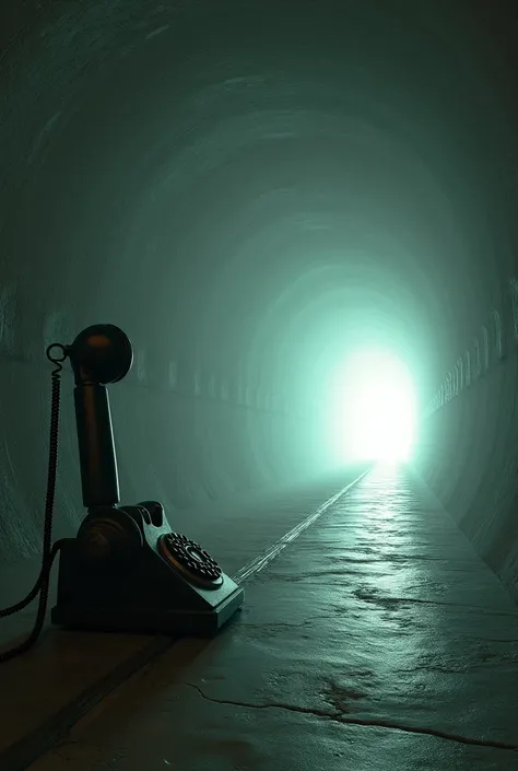 A giant and really wide tunnel with only one giantic rotary phone on the left side, and light at the end of the tunnel, no people 