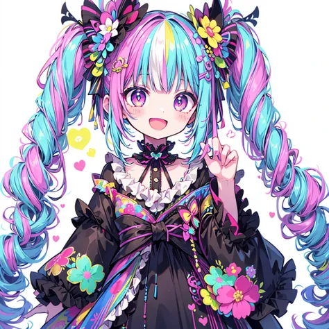 to you,] neon color、 best quality、 greatest masterpiece、 super detailed、 dynamic best composition 、Simple Background、Seven hair colors、Goth Kimono、whole body、cute、Frills、fun、smile、Hurrah、A cute and unique hairstyle、