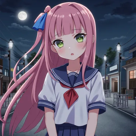 (((Masterpiece: 1.5, Best Quality, High Resolution: 1.3, Super Resolution, Super Detail, Super Detail: 1.3, Rich Background: 1.2))), 1 Girl, Solo, Green Eyes, Long Pink Hair with Blue Ribbon, Blunt Bangs, Cute Hairpin, School Uniform, White Serafon, Red Sa...