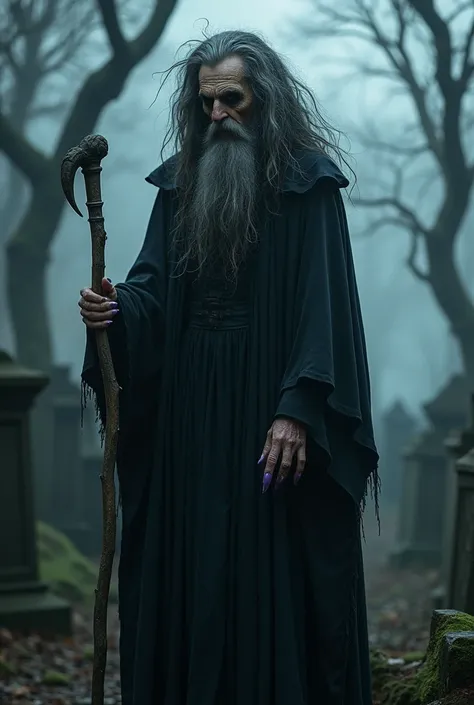 Old Witch Woman in Black Dress and Cane. long purple nails. hair on face. cemetery.