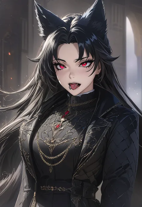 beautiful anime woman wearing a black military trench coat, tight black jeans pants, wolf ears, wolf tail, half wolf and half human, red eye color, black hair in a ponytail, light novel art, detailed anime art, 4k, anime, regal, royal, sexy, thicc, detaile...