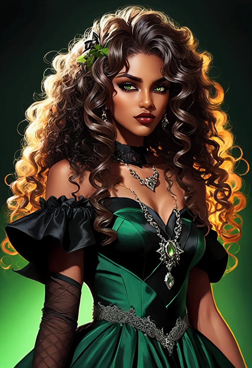 brown-skinned werewolf ,  green eyes , curly hair ,  sexy gothic look and dress , (let it be in manga)