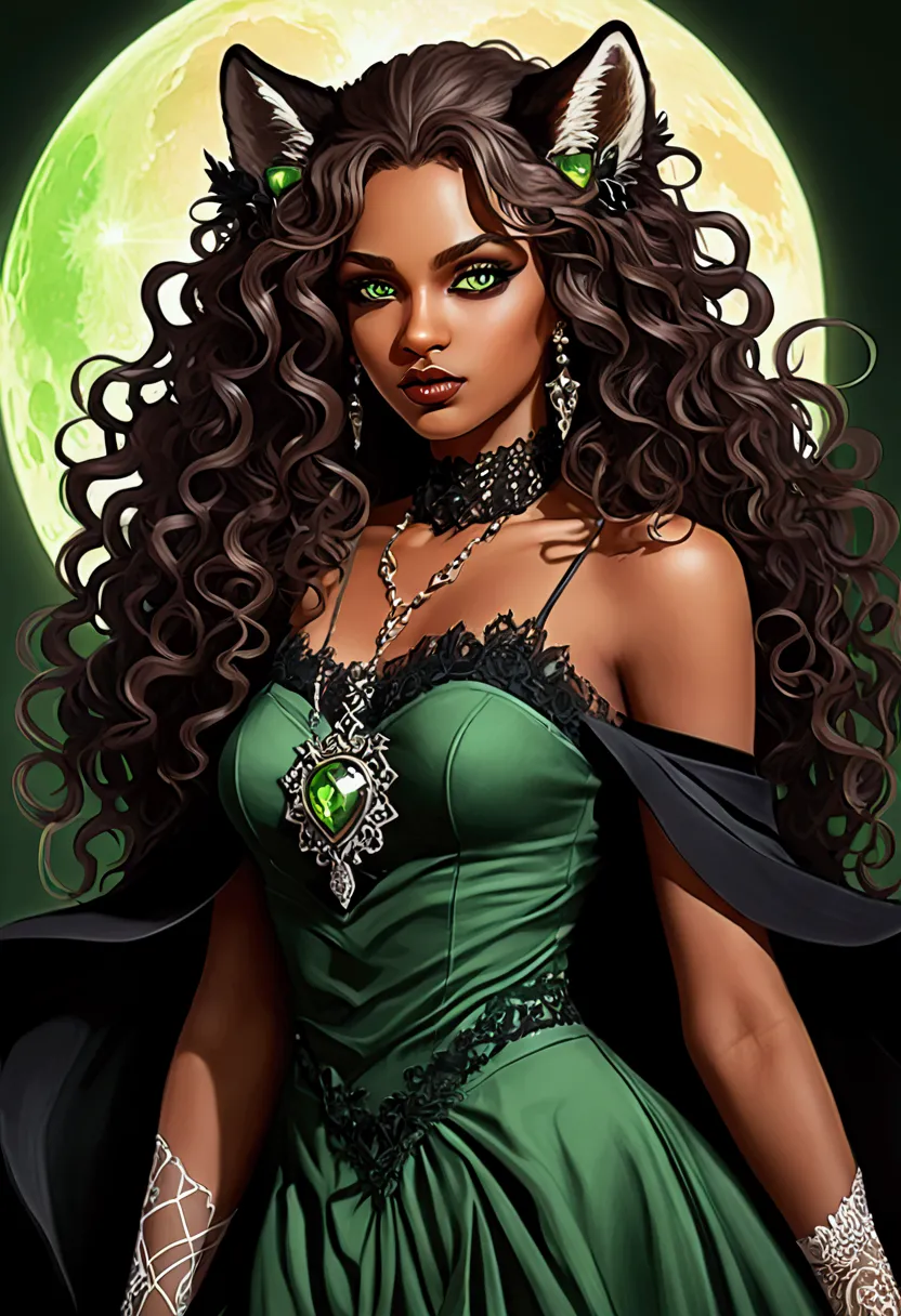 brown-skinned werewolf ,  green eyes , curly hair ,  sexy gothic look and dress , (let it be in manga)