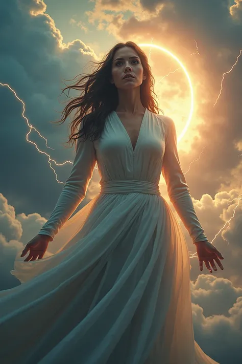  Surreal 4K high definition image of an empowered woman , beautiful, beautiful eyes, with supernatural powers that control the weather and the sky .. she is determined to do justice and her cry of supremacy exercises respect and admiration 