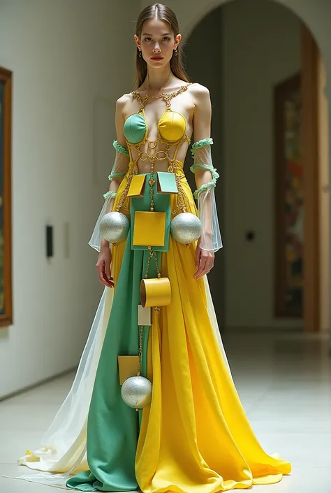 beautiful thin woman,  dressed in a yellow dress , green, White, details in gold,   geometric print with balls and rectangles arranged in an irregular shape, bold and futuristic cut ,  transparencies and fluidity ,  lines that intersect vertically and hori...