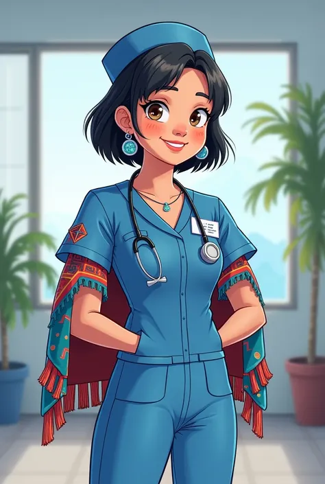 short haired female nurse in uniform blue suit wearing Mapuche clothing Mapuche silverware cartoon style