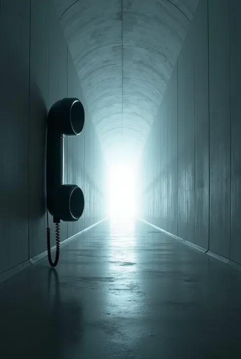 A giant and really wide tunnel with only one giantic phone on the left side, and light at the end of the tunnel, no people 