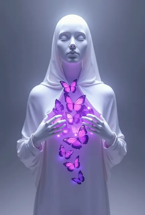 a surreal white silhouette figure, chest pulled apart, purple butterflies emerging, minimal details, (best quality,4k,8k,highres,masterpiece:1.2),surreal,dreamlike,ethereal,vibrant colors