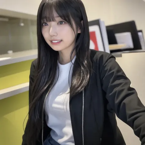 Single young Japanese woman with long dark hair ,  wearing a casual black jacket at the office, She is standing confidently in a well-lit area, Big Breasts、Realistic Settings. 彼女teethシーンで唯一の人です, There are no other figures or distractions. 彼女teeth豊満な体型で楽しそう...